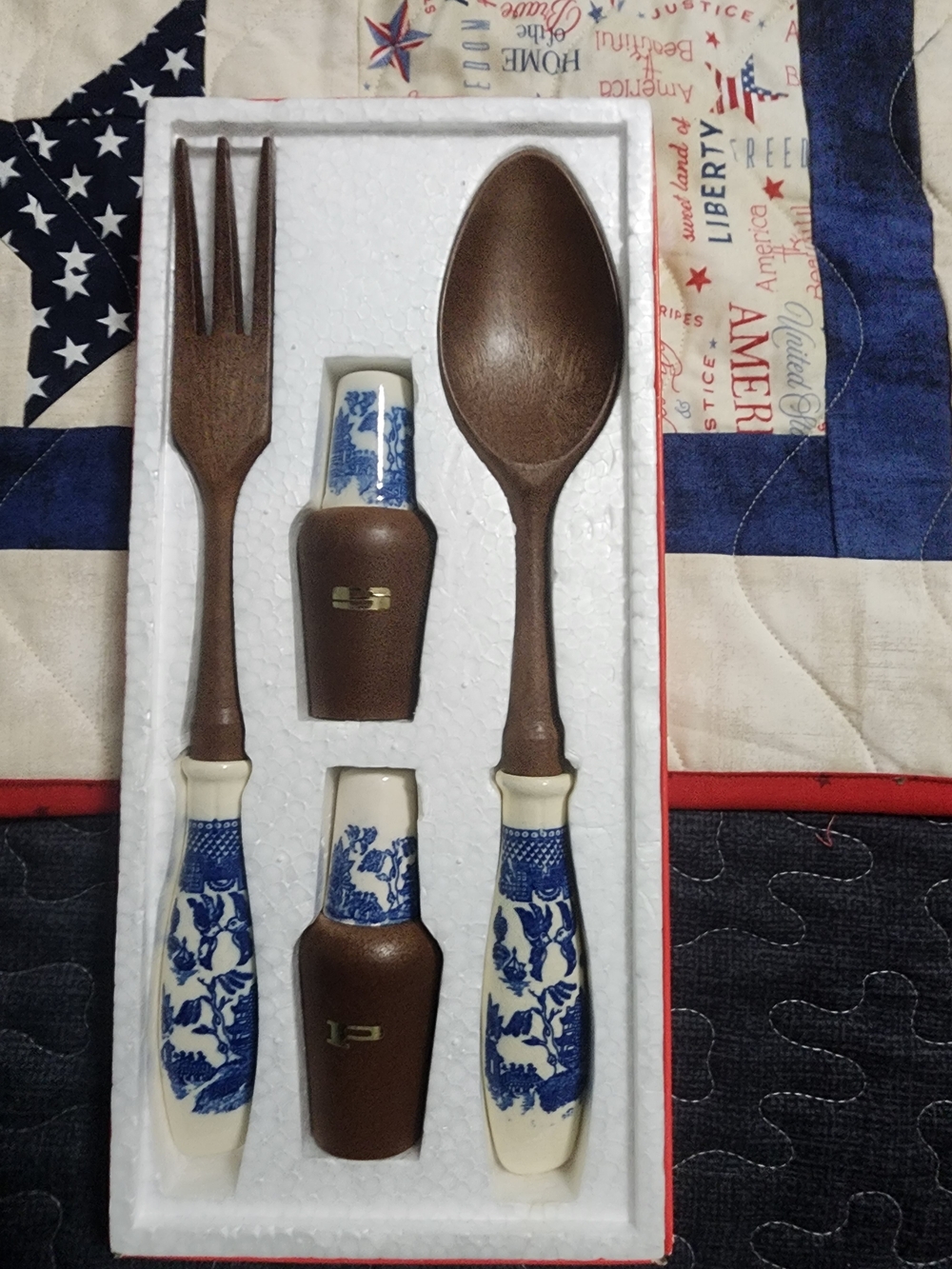 Blue & White Porcelain Handle Wooden Serving Spoon and Fork Set